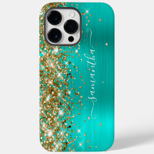 Coque Pour Pour iPhone 14 Pro Max Paillettes dorées Turquoise Glam Moderne Féminin S