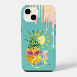 Coque Pour iPhone 14 Paillettes Gouttes Cocktail Soleil Ananas Menthe V