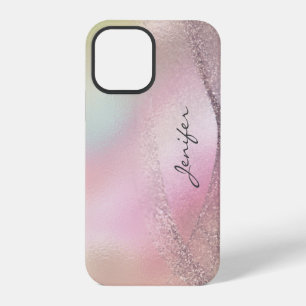 Coque iPhone 12 Pro Paillettes or rose holographique abstrait