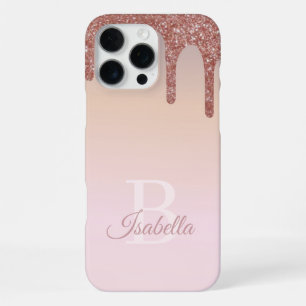 Coque iPhone 16 Pro Max Paillettes Rose Gold Féminin, Nom Monogramme et Ro