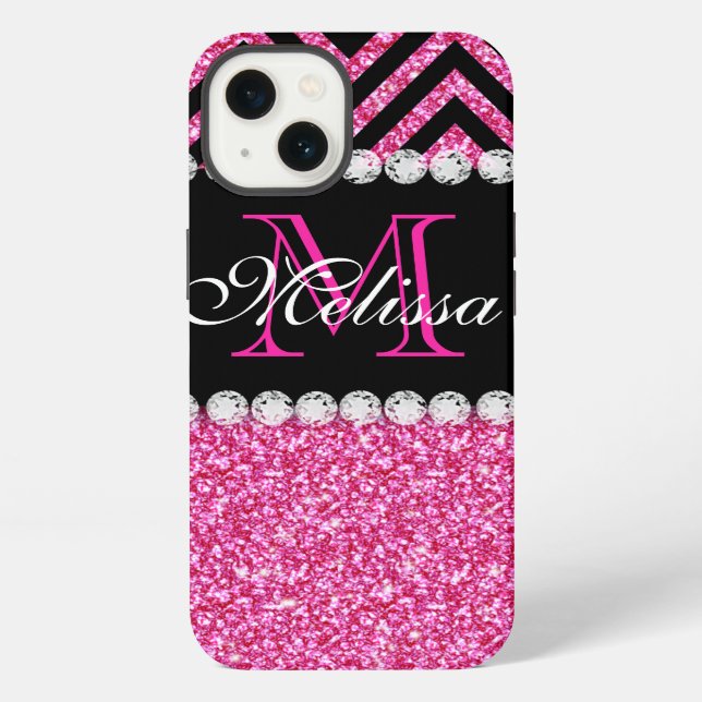 Coque iPhone Paillettes roses chevron noir Monogrammé (Verso)
