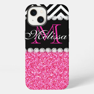 Etui iPhone 13 Paillettes roses monogramme chevron noir