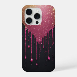 Coque iPhone 15 Pro Paillettes roses qui coulent avec des étoiles scin