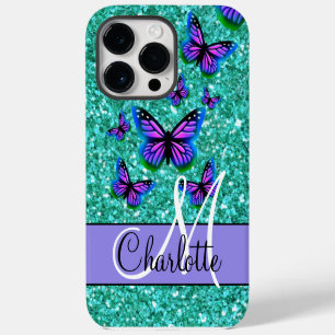 Coque Pour Pour iPhone 14 Pro Max Paillettes scintillantes sarcelle, papillons viole