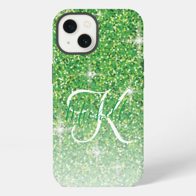 Coque iPhone Paillettes Vertes Féminines Monogramme Script Nom (Verso)