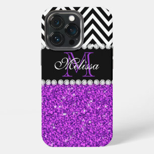 Etui iPhone 13 Pro Paillettes violettes Monogramme Chevron noir