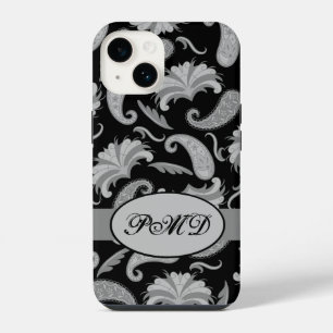 Coque Pour iPhone 14 Paisley Noir Gris Moderne Monogramme Nom