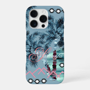 Coque iPhone 16 Pro Palm Hawaïen bleu noir monogramme personnalisé
