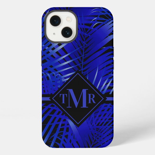 Coque iPhone Palme bleu tropicale monogramme (Verso)