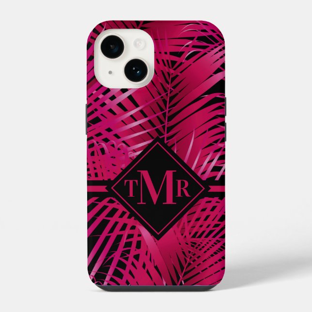 Coque iPhone Palme rose chaud Monogramme (Verso)