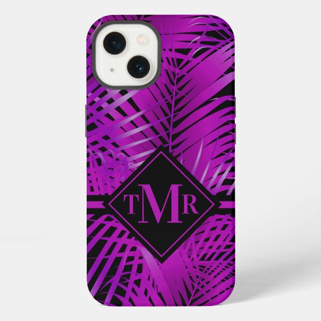 Coque iPhone Palme violet tropicale monogramme (Verso)