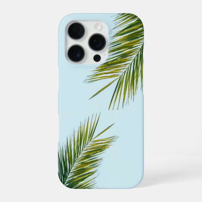 Coque iPhone Palmier Tropical Vert sur Fond Bleu Clair (Verso)