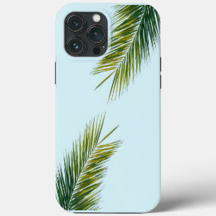 Etui iPhone 13 Pro Max Palmier Vert Tropical sur Fond Bleu Clair