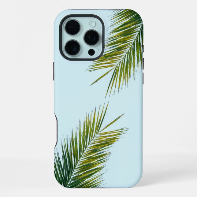Coque iPhone Palmier Vert Tropical sur Fond Bleu Clair (Verso)