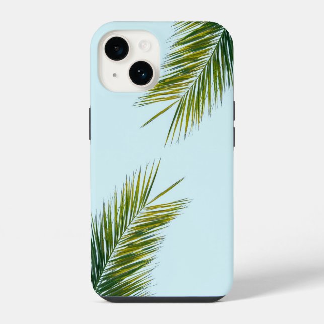 Coque iPhone Palmier Vert Tropical sur Fond Bleu Clair (Verso)
