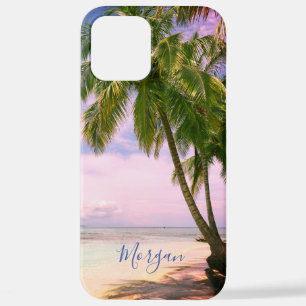 Coque iPhone 12 Pro Max Palmiers couchés de soleil, votre photo, nom Scrip