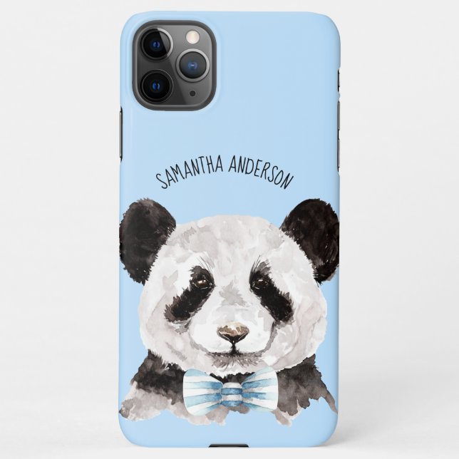 Coque iPhone Panda D'Aquarelle Moderne Avec Nom Et Bleu Pastel (Dos)