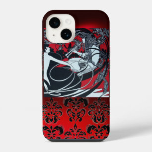COQUE POUR iPhone 14 PANEAU ART NOUVEAU, DAMAS ROUGE NOIR BLANC