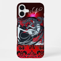 PANNEAU ART NOUVEAU, DAMAS MONOGRAMME ROUGE NOIR B