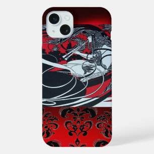 COQUE iPhone 15 PLUS PANNEAU ART NOUVEAU, DAMAS ROUGE NOIR BLANC