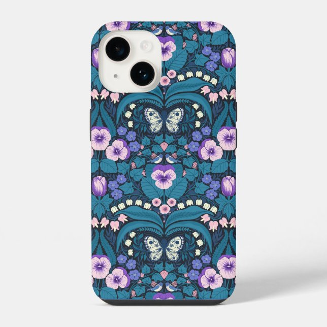 Coque iPhone Pansies, oiseaux et papillons (Verso)