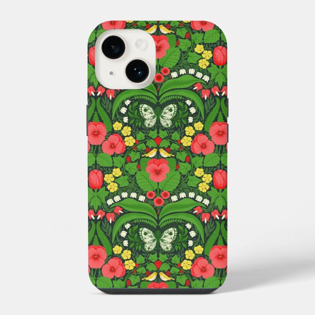 Coque iPhone Pansies rouges, oiseaux et papillons (Verso)