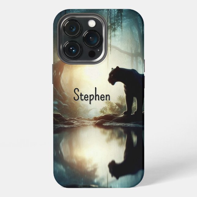 Coque iPhone Panthère noire reflétée dans l'eau avec nom (Dos)