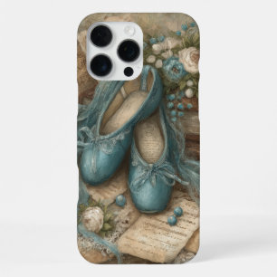 Coque iPhone 16 Pro Max Pantoufles de ballet bleues Shabby Chic et roses