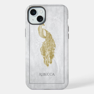 Coque iPhone 15 Plus Paon élégant doré personnalisé