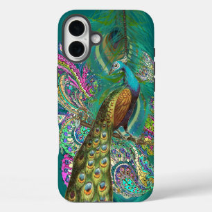 Coque iPhone 16 Plus Paon et plumes en Paisley Or