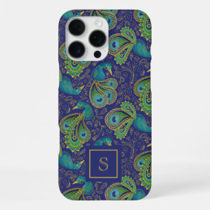 Coque iPhone 16 Pro Max Paon Paisley Bleu Royal Monogramme