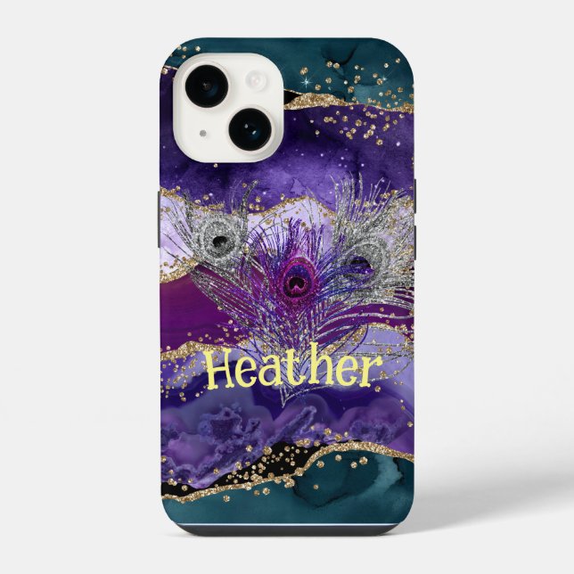 Coque iPhone Paon Violet Glamour Agate Plumée (Verso)