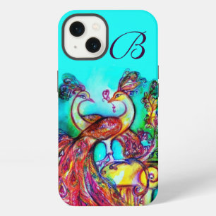 Etui iPhone 13 PAONS AMOUREUX MONOGRAMME Turquoise Bleu