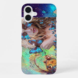 Coque iPhone 16 Plus PAPIER BLEU AVEC MONOGRAMME À PAILlettes VERTES ET