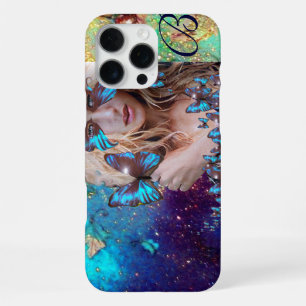 Coque iPhone 16 Pro Max PAPIER BLEU AVEC MONOGRAMME À PAILlettes VERTES ET