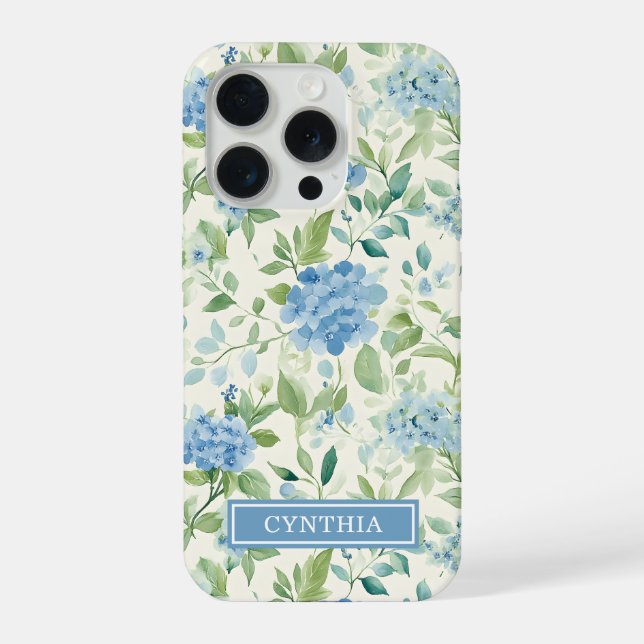 Coque iPhone Papier Monogrammé Aquarelle Hydrangea Bleue (Verso)