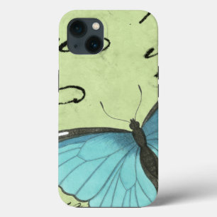 Etui iPhone 13 Papillon à ailes bleues sur carte postale Turquois