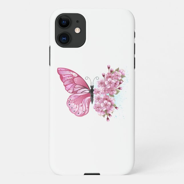 Coque iPhone Papillon à fleurs avec Sakura rose (Dos)