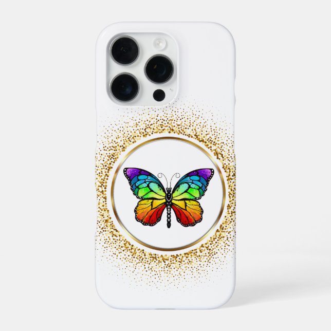 Coque iPhone Papillon Arc-en-Ciel dans un Cercle Doré  (Verso)
