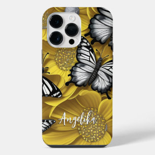 Coque Pour Pour iPhone 14 Pro Max Papillon argenté noir Fleurs jaunes Nom personnali