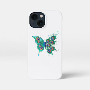 Etui iPhone 13 Mini Papillon aux plumes de paon vert