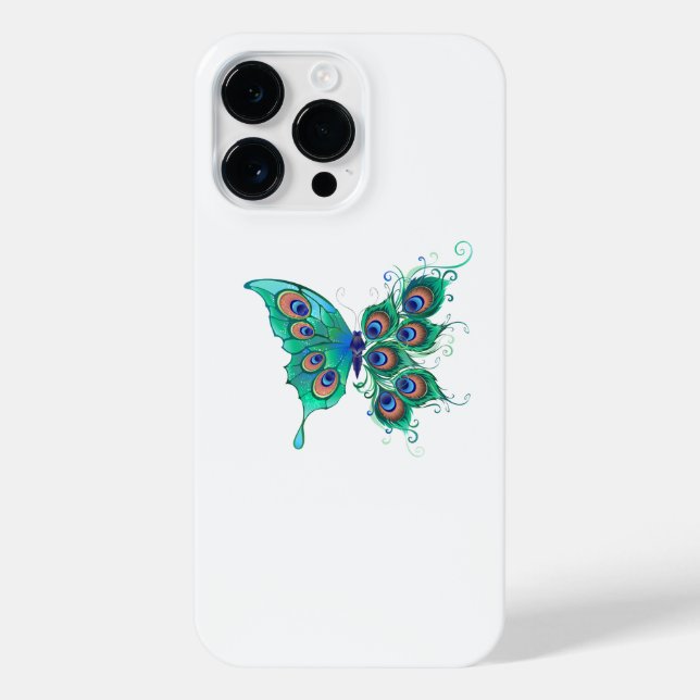 Coque iPhone Papillon aux plumes de paon vert (Verso)