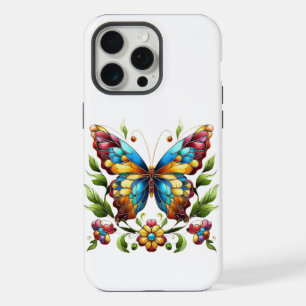 Coque iPhone 15 Pro Max Papillon coloré en verre teinté avec des fleurs