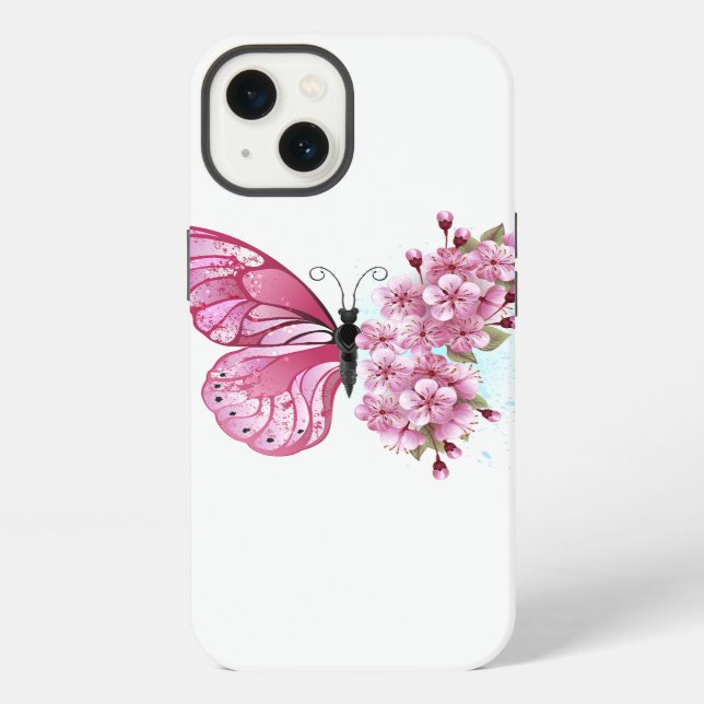 Coque iPhone Papillon de fleurs avec Sakura rose (Verso)