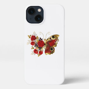 Etui iPhone 13 Papillon de fleurs rouges aux roses rouges