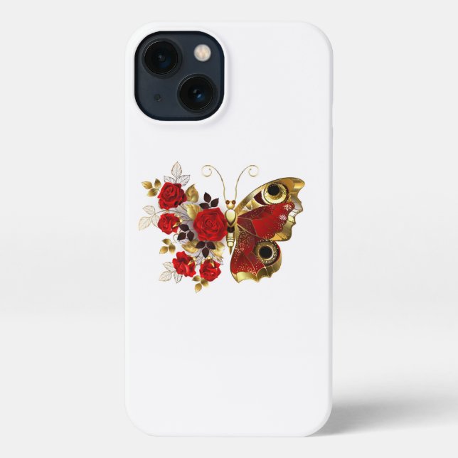 Coque iPhone Papillon de fleurs rouges aux roses rouges (Verso)