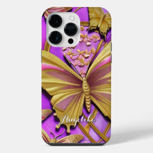 Coque Pour Pour iPhone 14 Pro Max Papillon en or rose chaud nom personnalisé