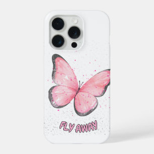 Coque iPhone 15 Pro papillon en paillettes roses