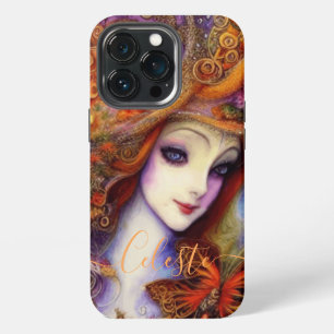 Etui iPhone 13 Pro Papillon Et Déesse Du Jardin En Bleus Aquarelle