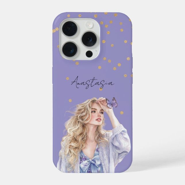 Coque iPhone Papillon Fille Blonde Confettis Or Violet (Verso)
